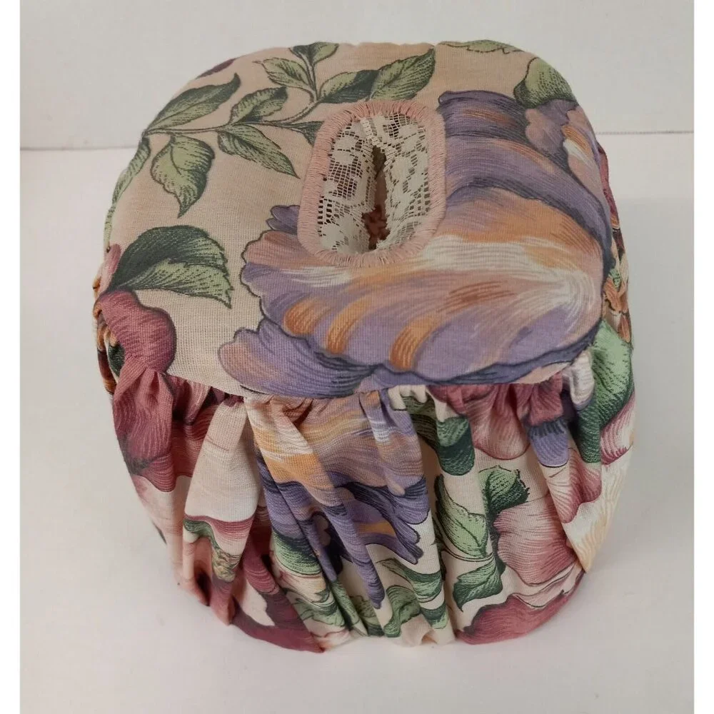 Tissue Box Cover 2 Piece Cloth Floral Cover Over Clear Plastic 5.5